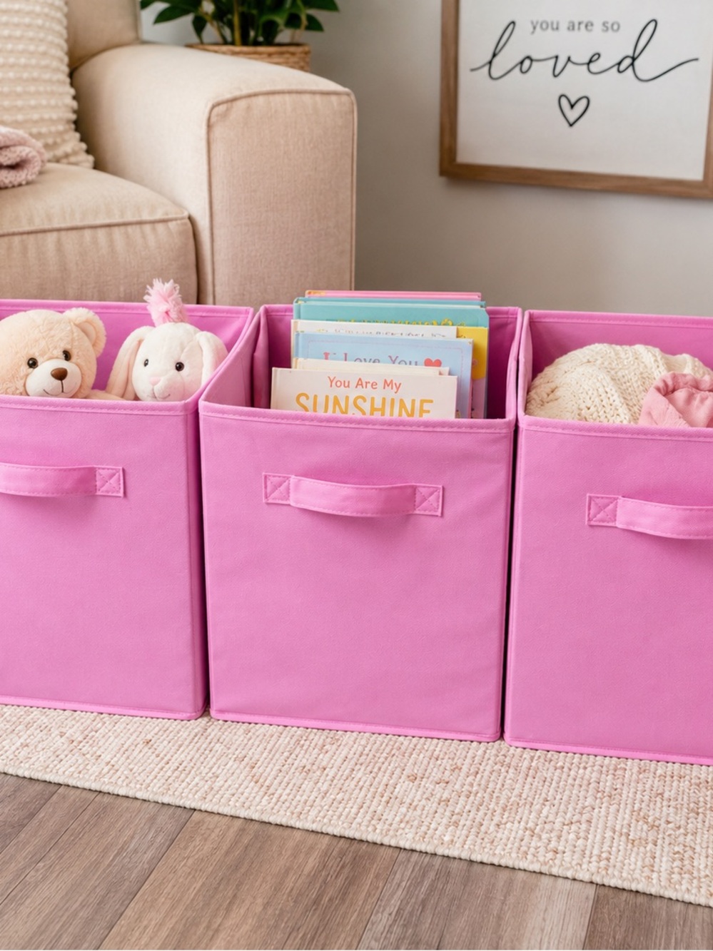 Pink Fabric Storage Bin - Collapsible Cube Organizer (Set of 3)